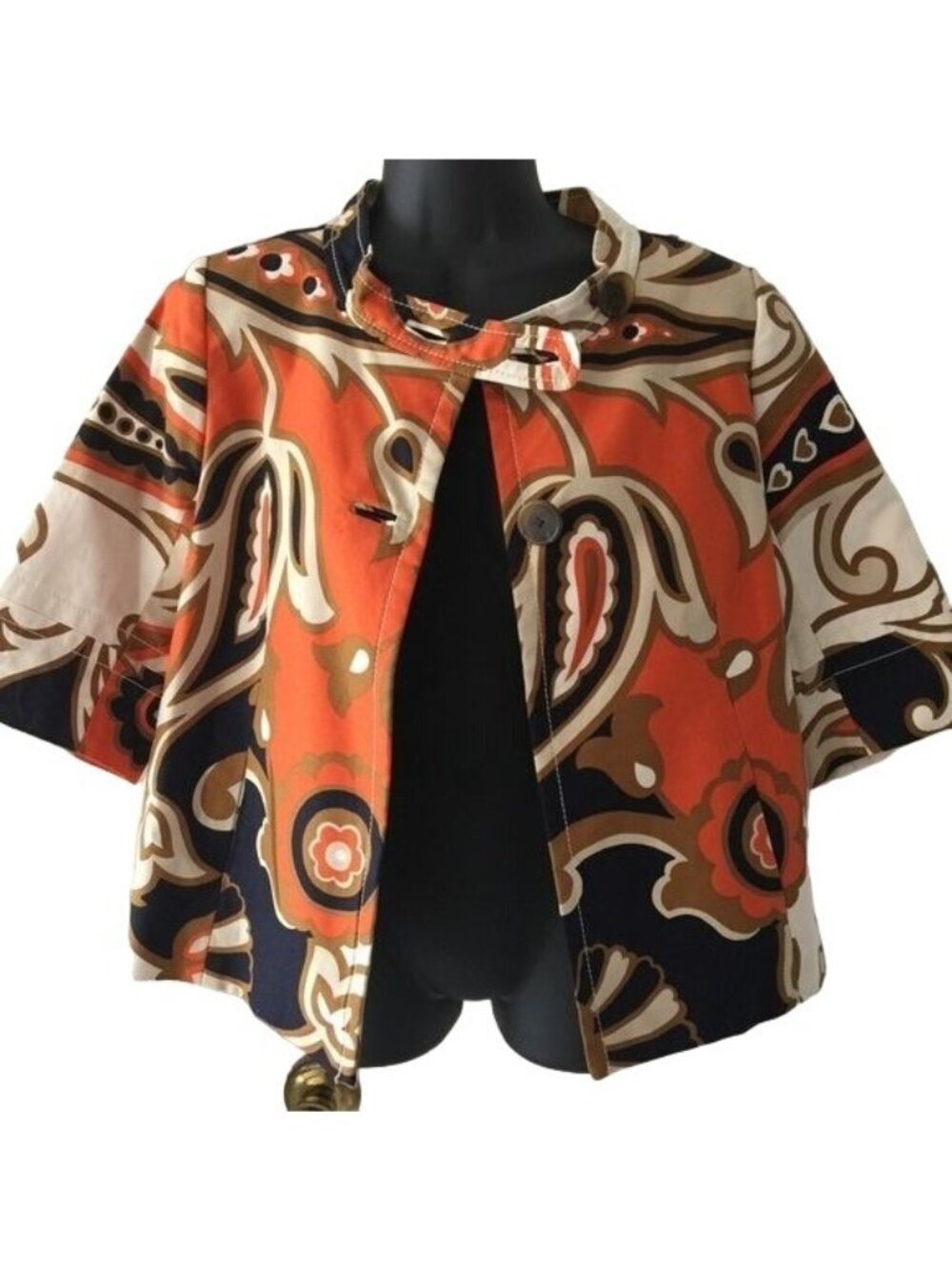 J Crew Orange Paisley 3/4 Sleeve Swing Coat Career Blazer Jacket Size 2 XS